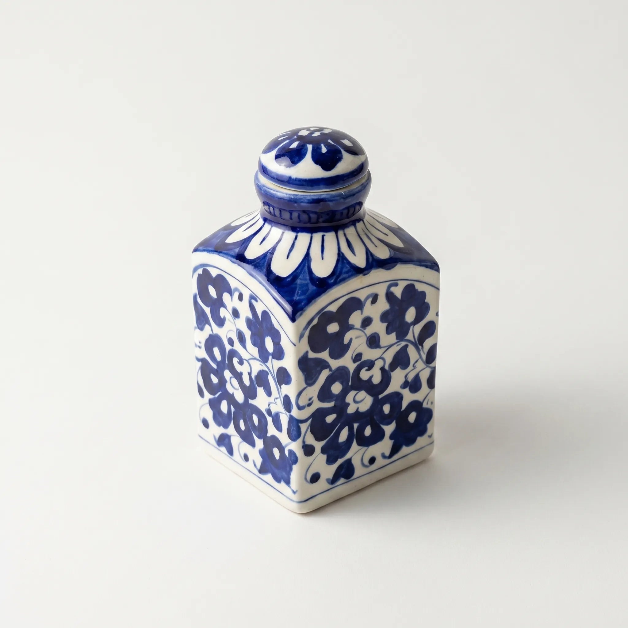 Blue Pottery Decorative Jar with Lid – Hand-Painted Ceramic Vase (6” Dense Floral Design)