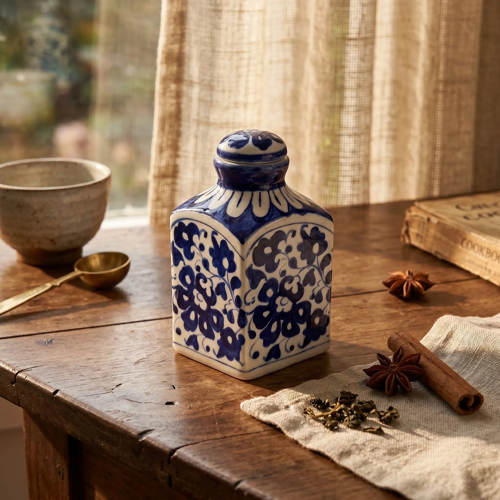 Blue Pottery Decorative Jar with Lid – Hand-Painted Ceramic Vase (6” Dense Floral Design)