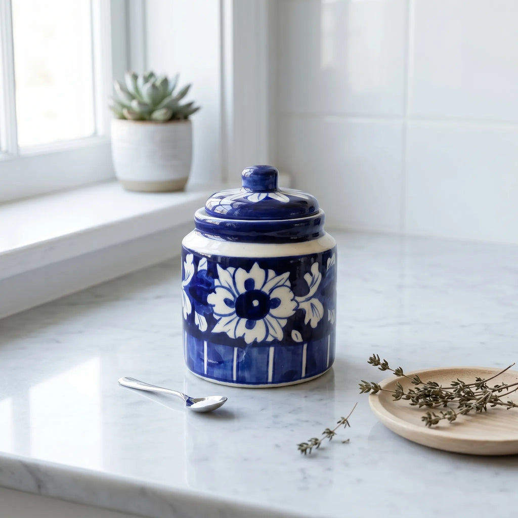 Blue Pottery Honey Jar with Lid – Hand-Painted Ceramic Storage Jar (5” Wide Mouth)