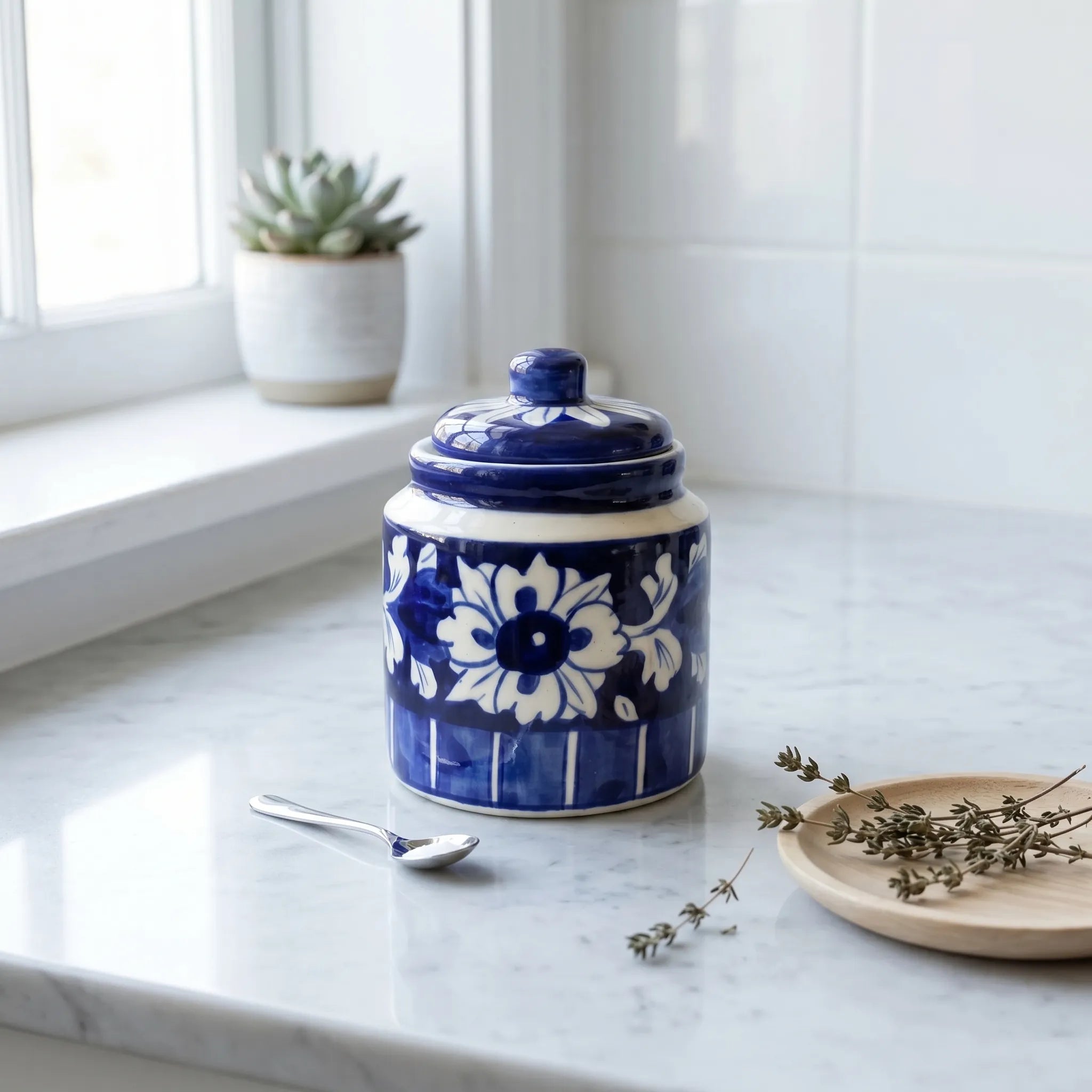 Blue Pottery Honey Jar with Lid – Hand-Painted Ceramic Storage Jar (5” Wide Mouth)