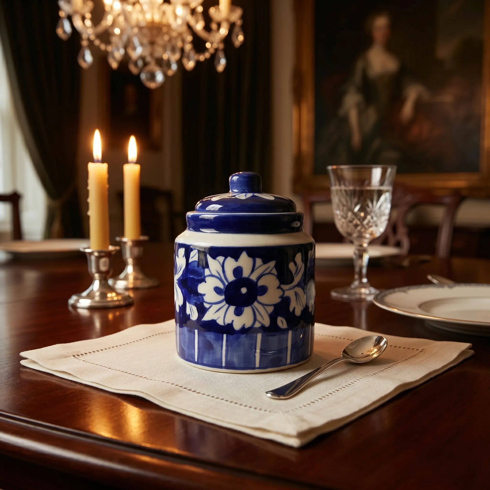 Blue Pottery Honey Jar with Lid – Hand-Painted Ceramic Storage Jar (5” Wide Mouth)