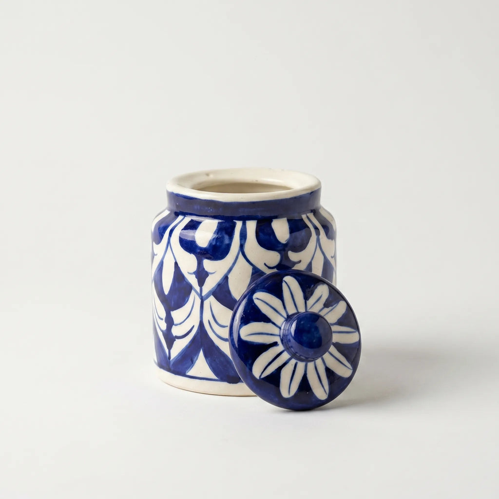 Blue Pottery Honey Jar with Lid – Hand-Painted Ceramic Storage Jar (5” Classic Pattern)