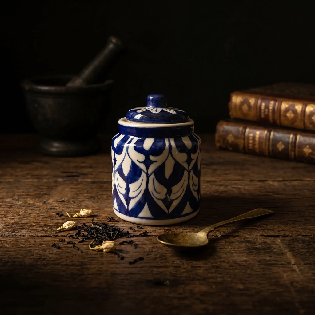 Blue Pottery Honey Jar with Lid – Hand-Painted Ceramic Storage Jar (5” Classic Pattern)