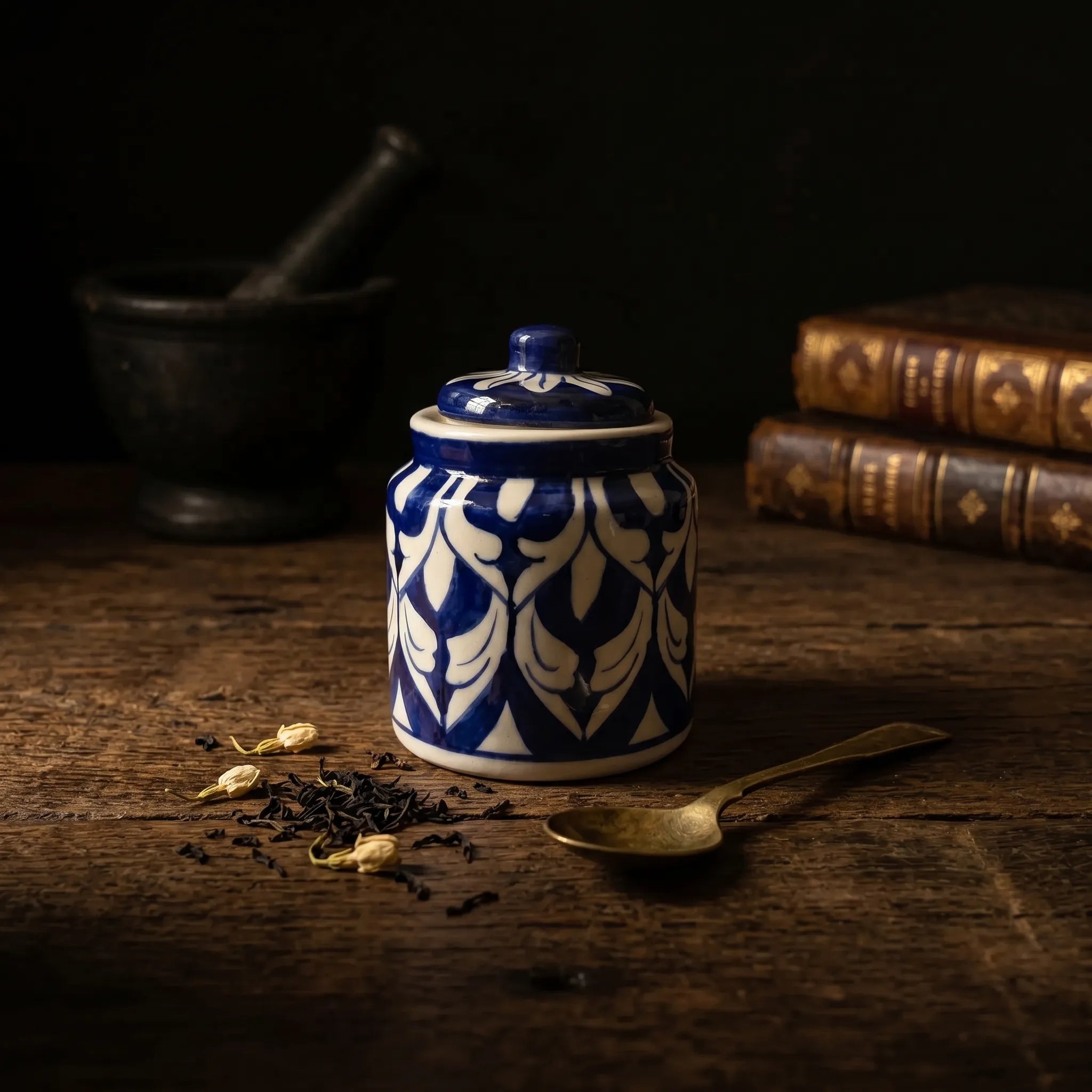 Blue Pottery Honey Jar with Lid – Hand-Painted Ceramic Storage Jar (5” Classic Pattern)