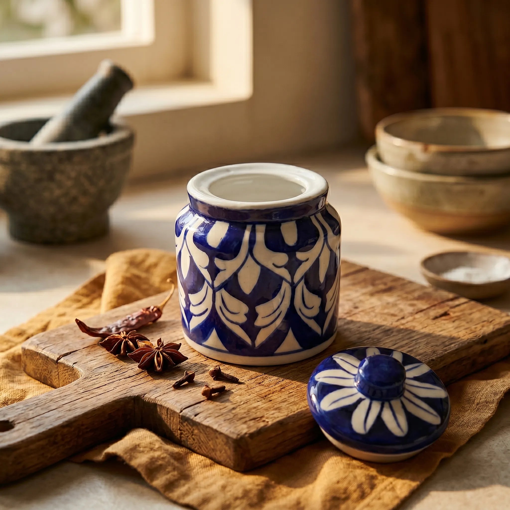 Blue Pottery Honey Jar with Lid – Hand-Painted Ceramic Storage Jar (5” Classic Pattern)