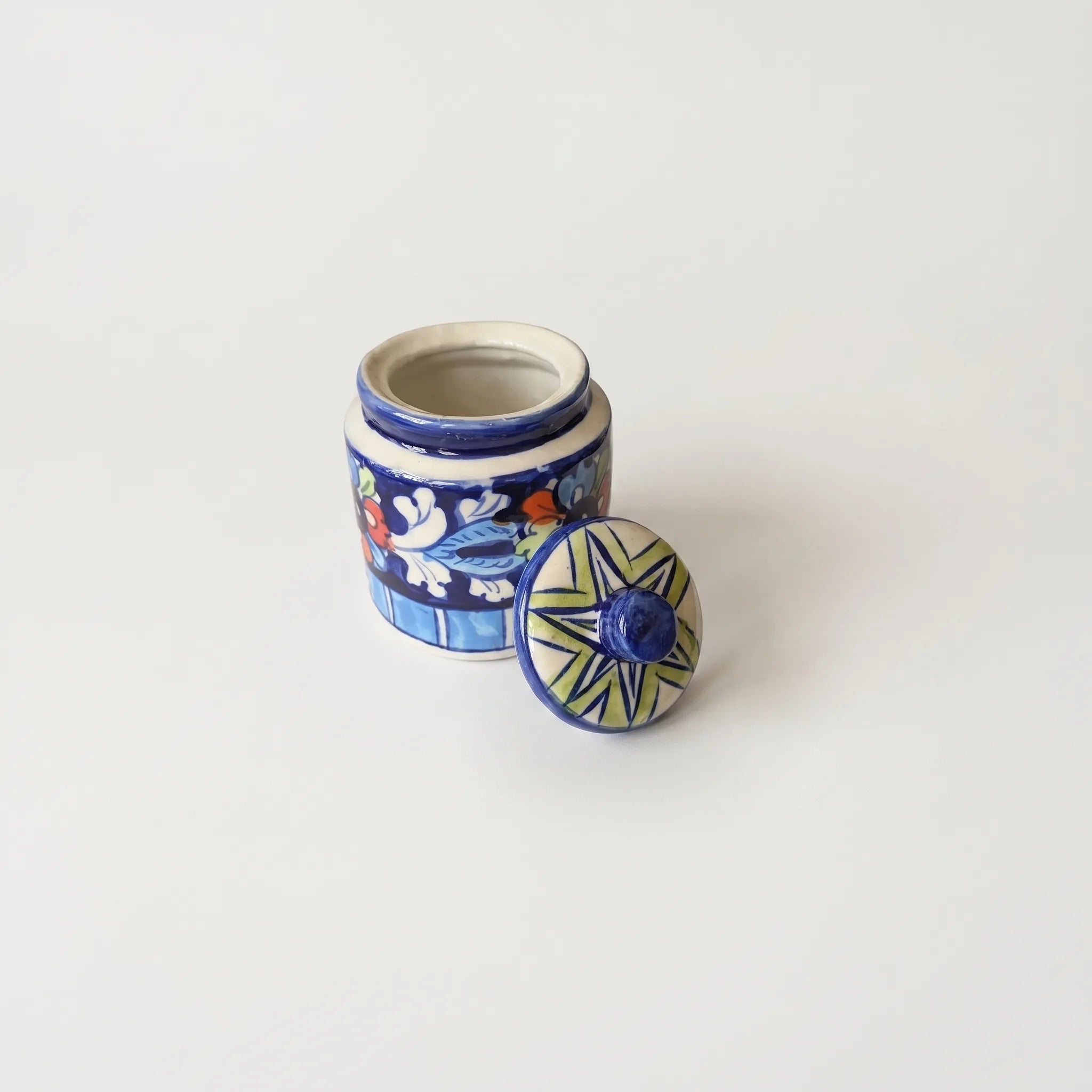 Blue Pottery Honey Jar with Lid – Hand-Painted Ceramic Storage Jar (5” Multicolor Floral Design)