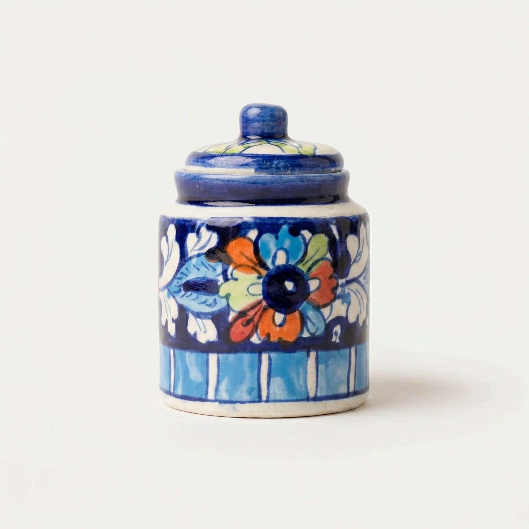 Blue Pottery Honey Jar with Lid – Hand-Painted Ceramic Storage Jar (5” Multicolor Floral Design)