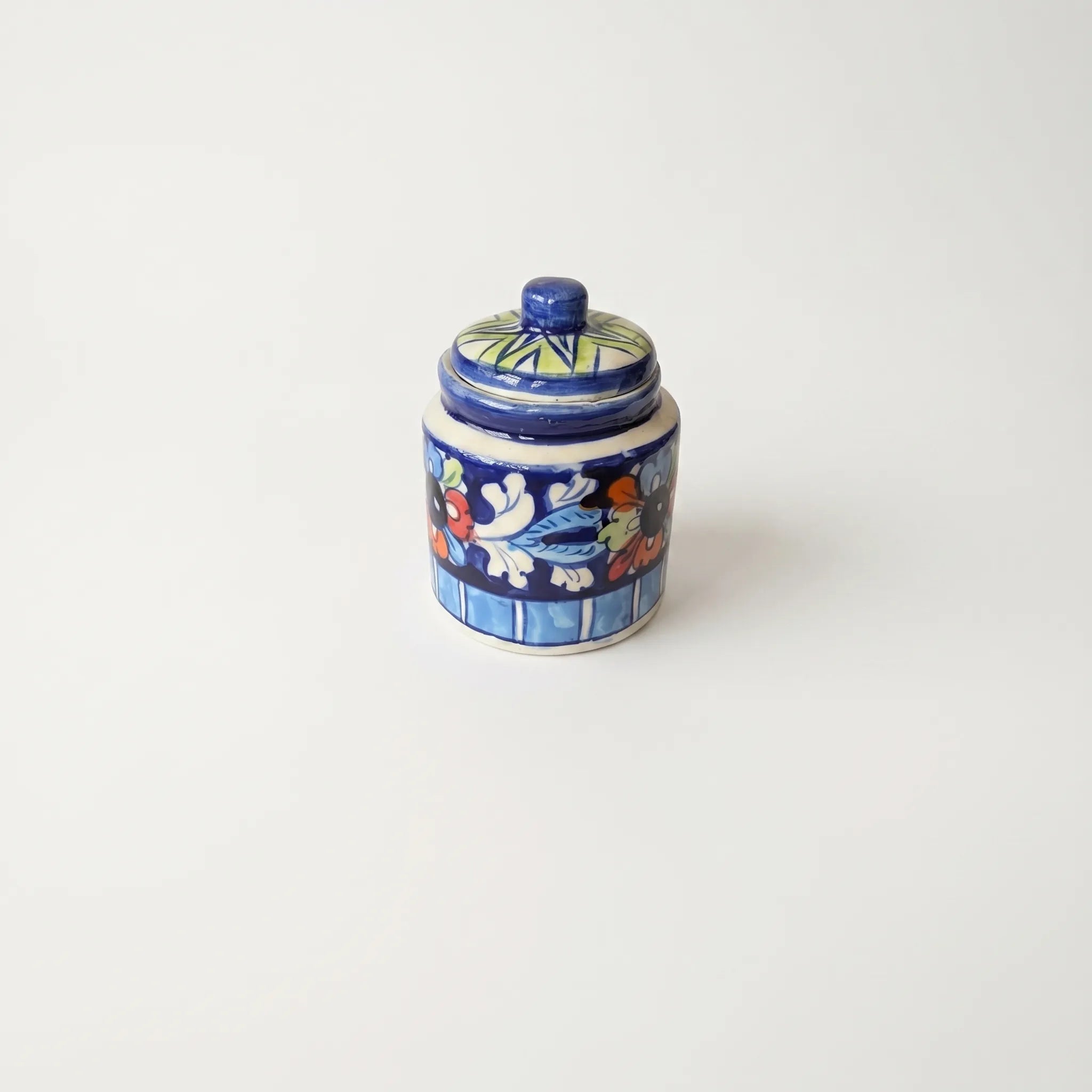 Blue Pottery Honey Jar with Lid – Hand-Painted Ceramic Storage Jar (5” Multicolor Floral Design)