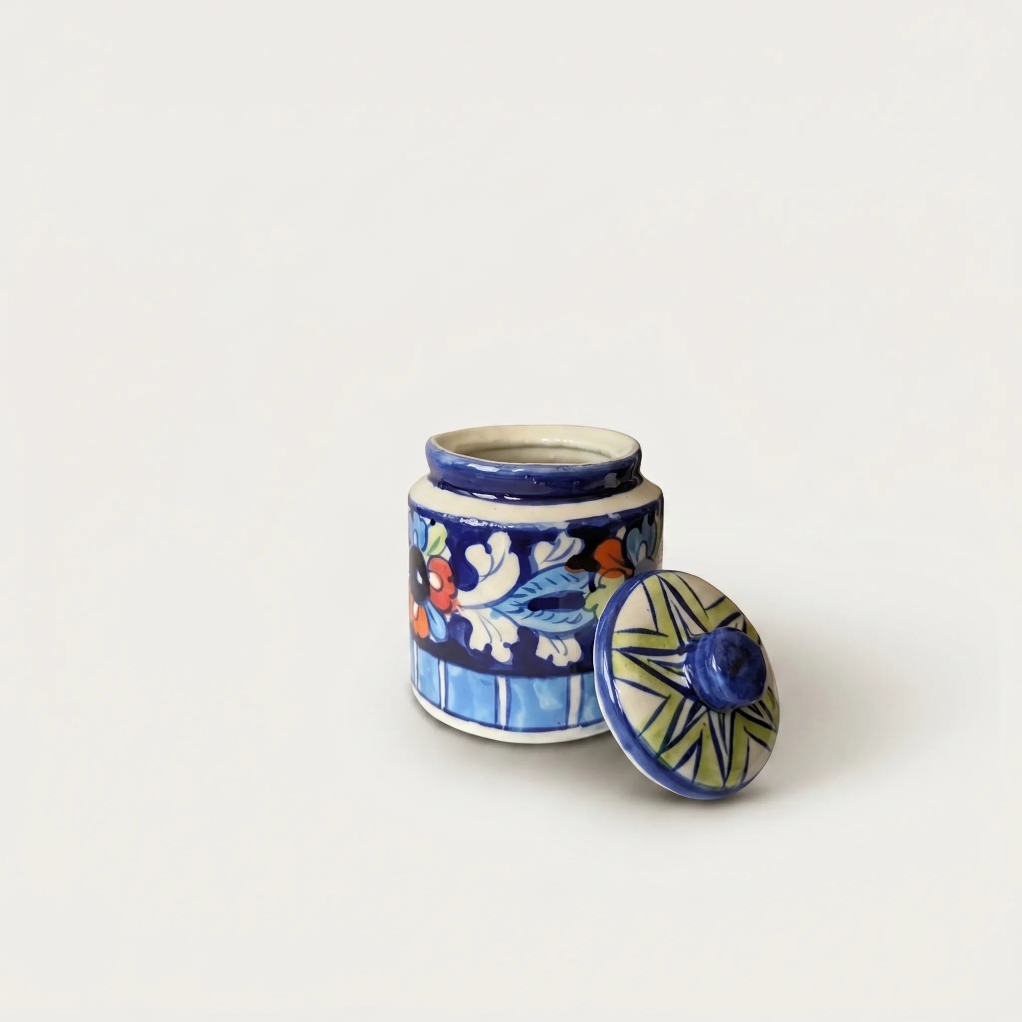 Blue Pottery Honey Jar with Lid – Hand-Painted Ceramic Storage Jar (5” Multicolor Floral Design)