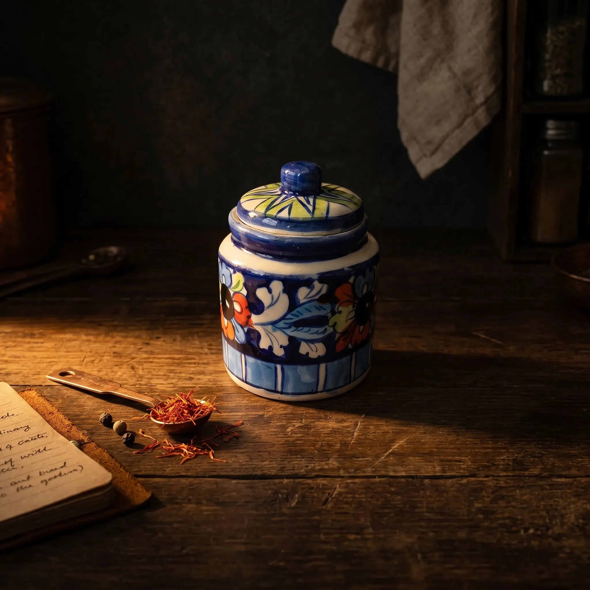 Blue Pottery Honey Jar with Lid – Hand-Painted Ceramic Storage Jar (5” Multicolor Floral Design)