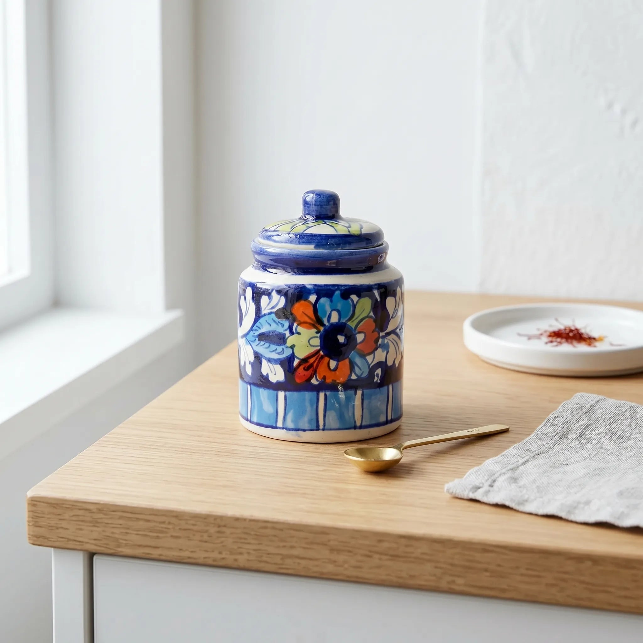 Blue Pottery Honey Jar with Lid – Hand-Painted Ceramic Storage Jar (5” Multicolor Floral Design)