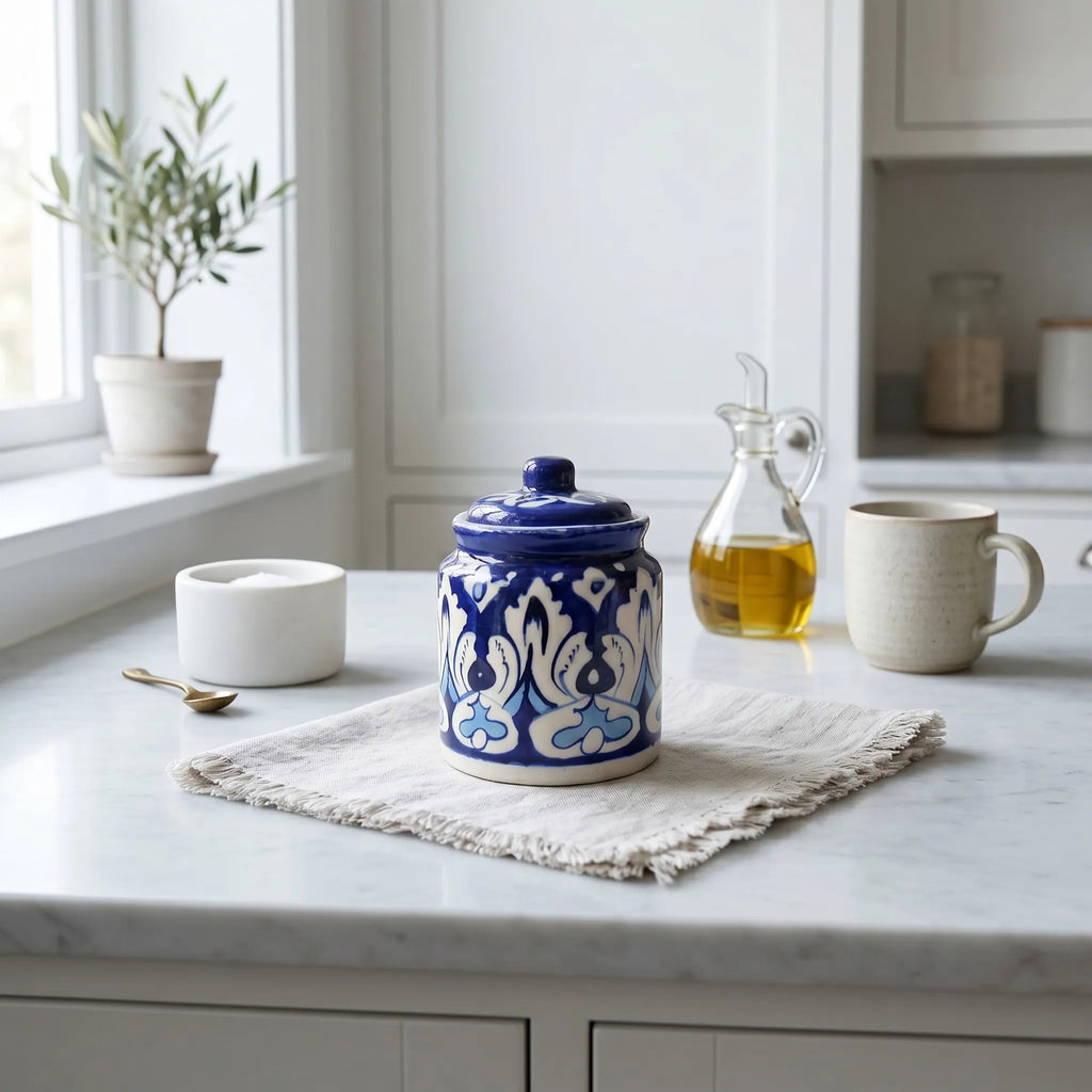 Blue Pottery Honey Jar with Lid – Hand-Painted Ceramic Storage Jar (5” Traditional Pattern)