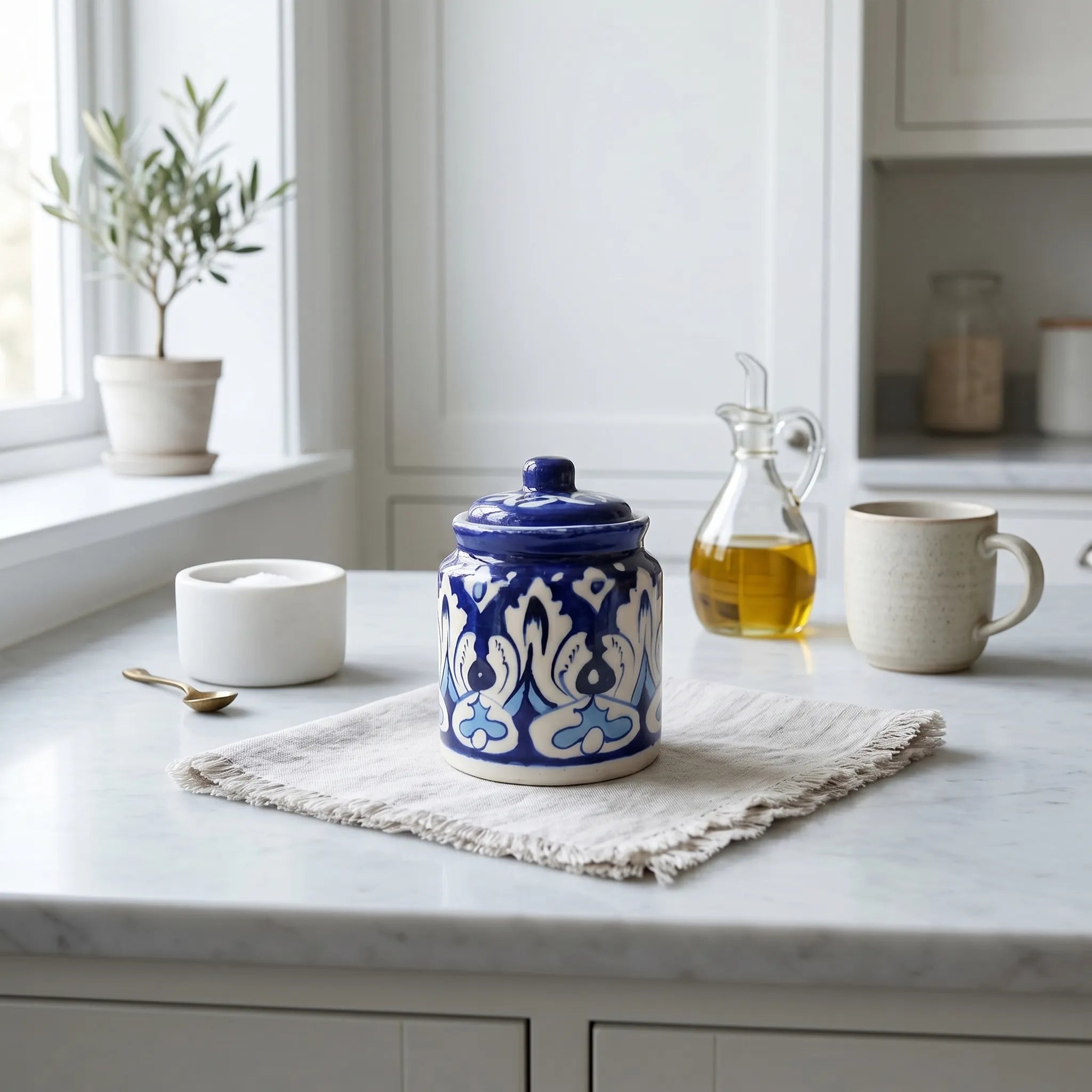 Blue Pottery Honey Jar with Lid – Hand-Painted Ceramic Storage Jar (5” Traditional Pattern)