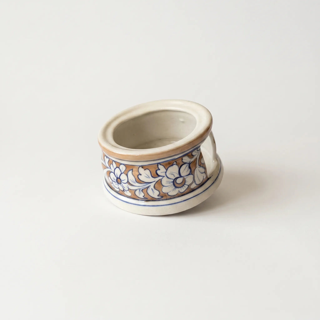 Blue Pottery Tealight Kettle Warmer – Hand-Painted Ceramic Tea Warmer (5” Floral Design)