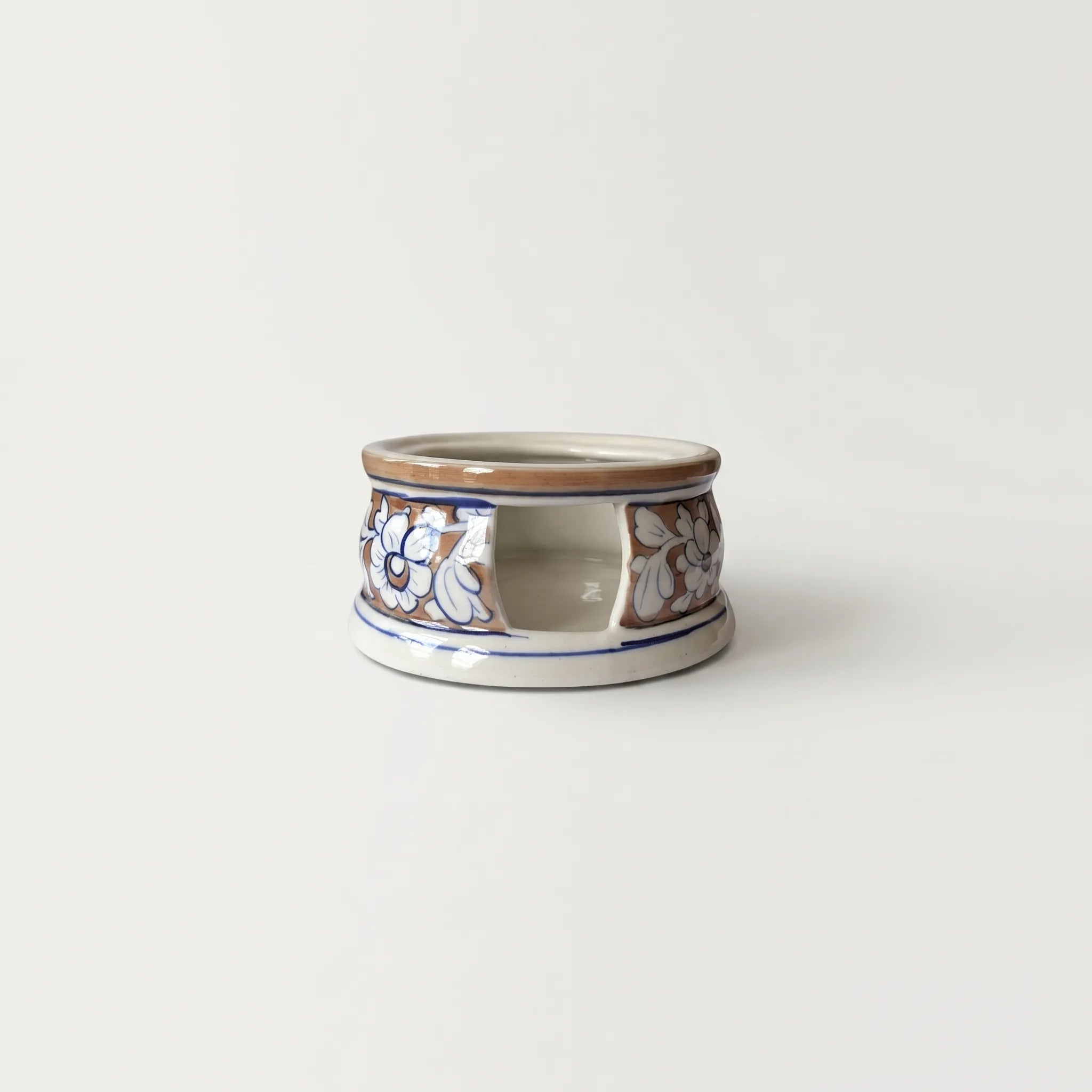 Blue Pottery Tealight Kettle Warmer – Hand-Painted Ceramic Tea Warmer (5” Floral Design)