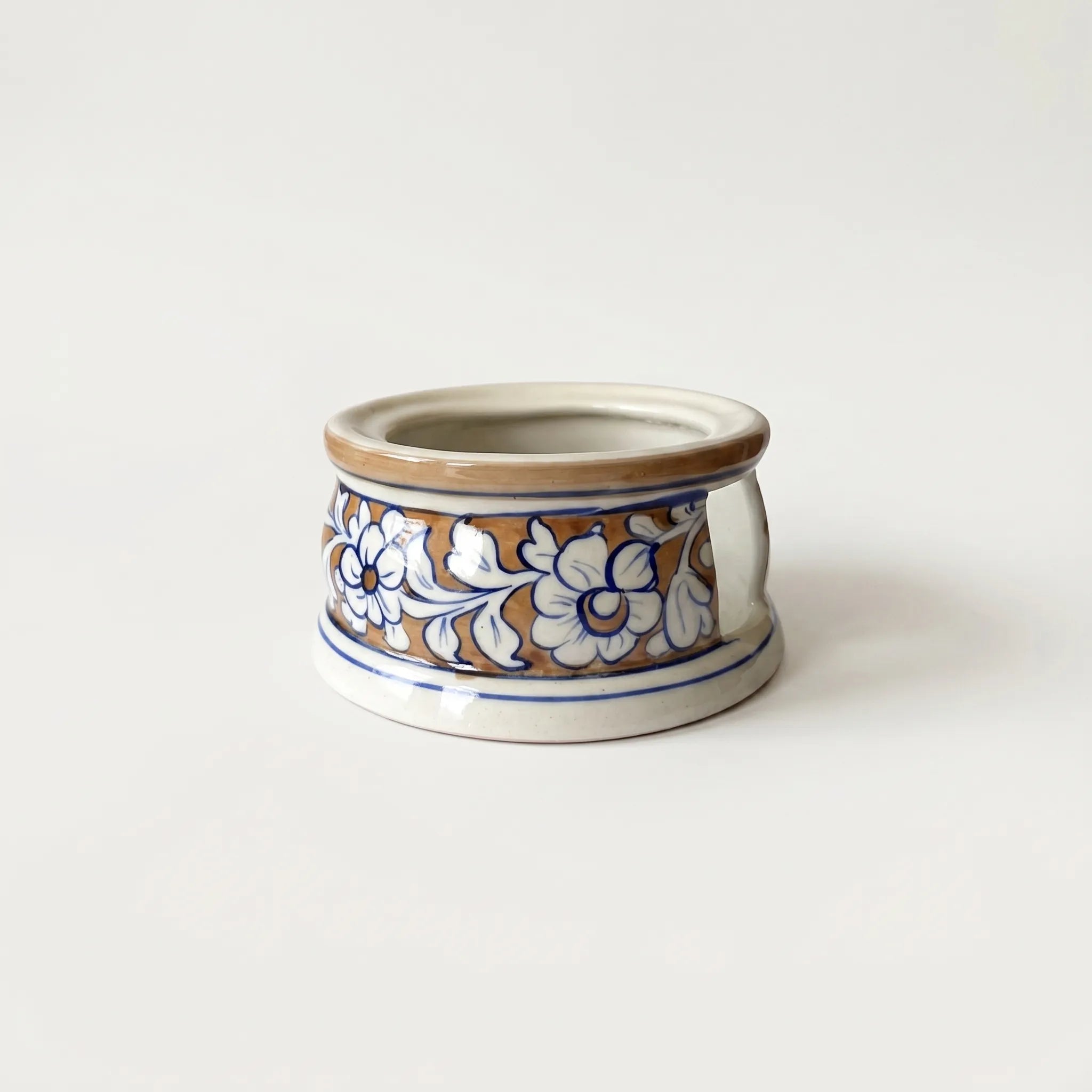 Blue Pottery Tealight Kettle Warmer – Hand-Painted Ceramic Tea Warmer (5” Floral Design)