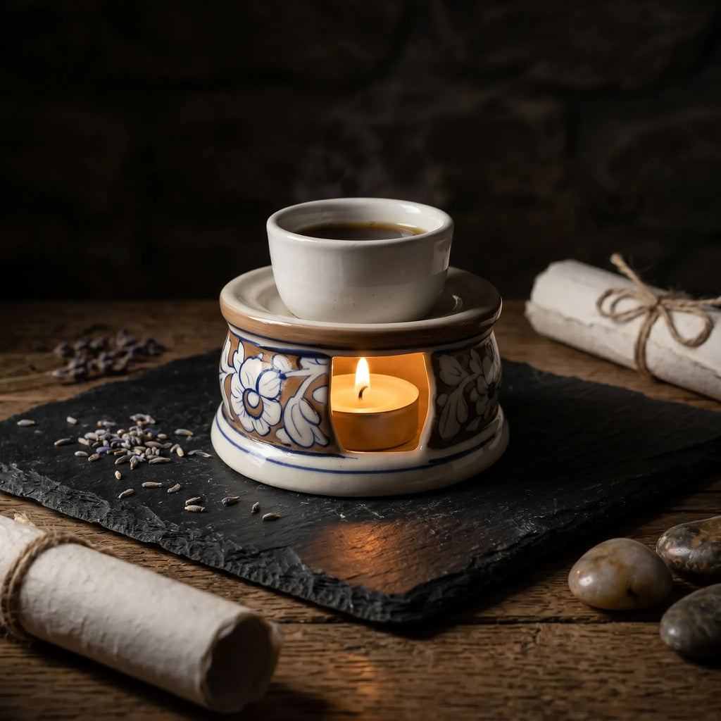 Blue Pottery Tealight Kettle Warmer – Hand-Painted Ceramic Tea Warmer (5” Floral Design)