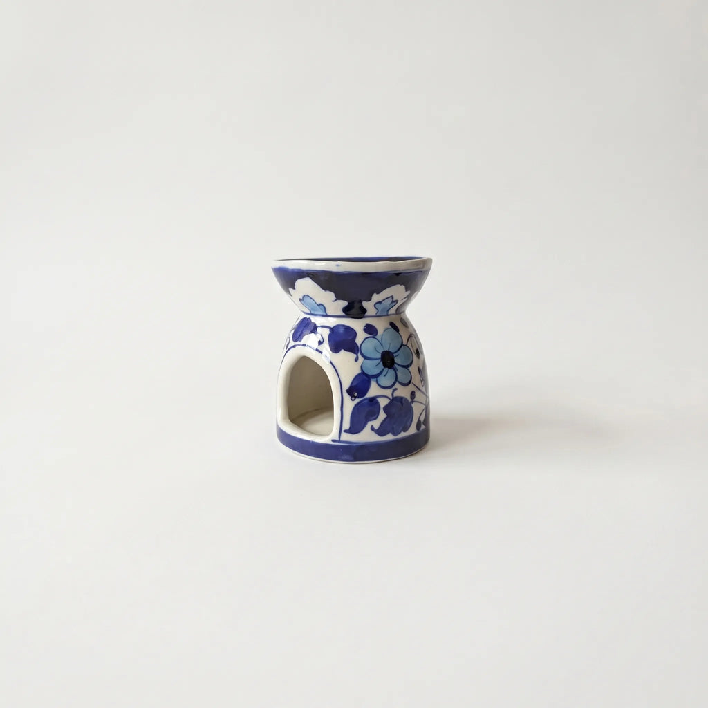 Blue Pottery Oil Burner & Mini Warmer – Hand-Painted Ceramic Tealight Diffuser (3” Floral Design)