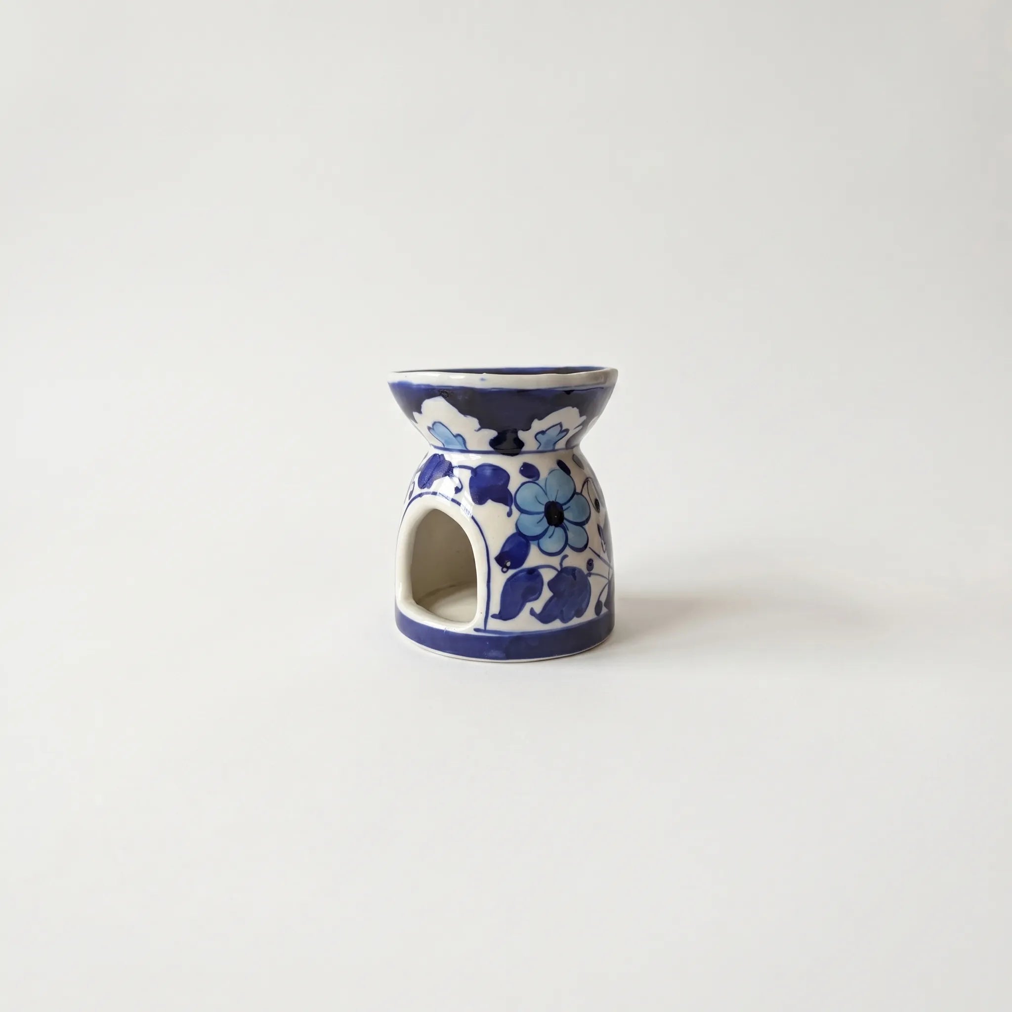 Blue Pottery Oil Burner & Mini Warmer – Hand-Painted Ceramic Tealight Diffuser (3” Floral Design)