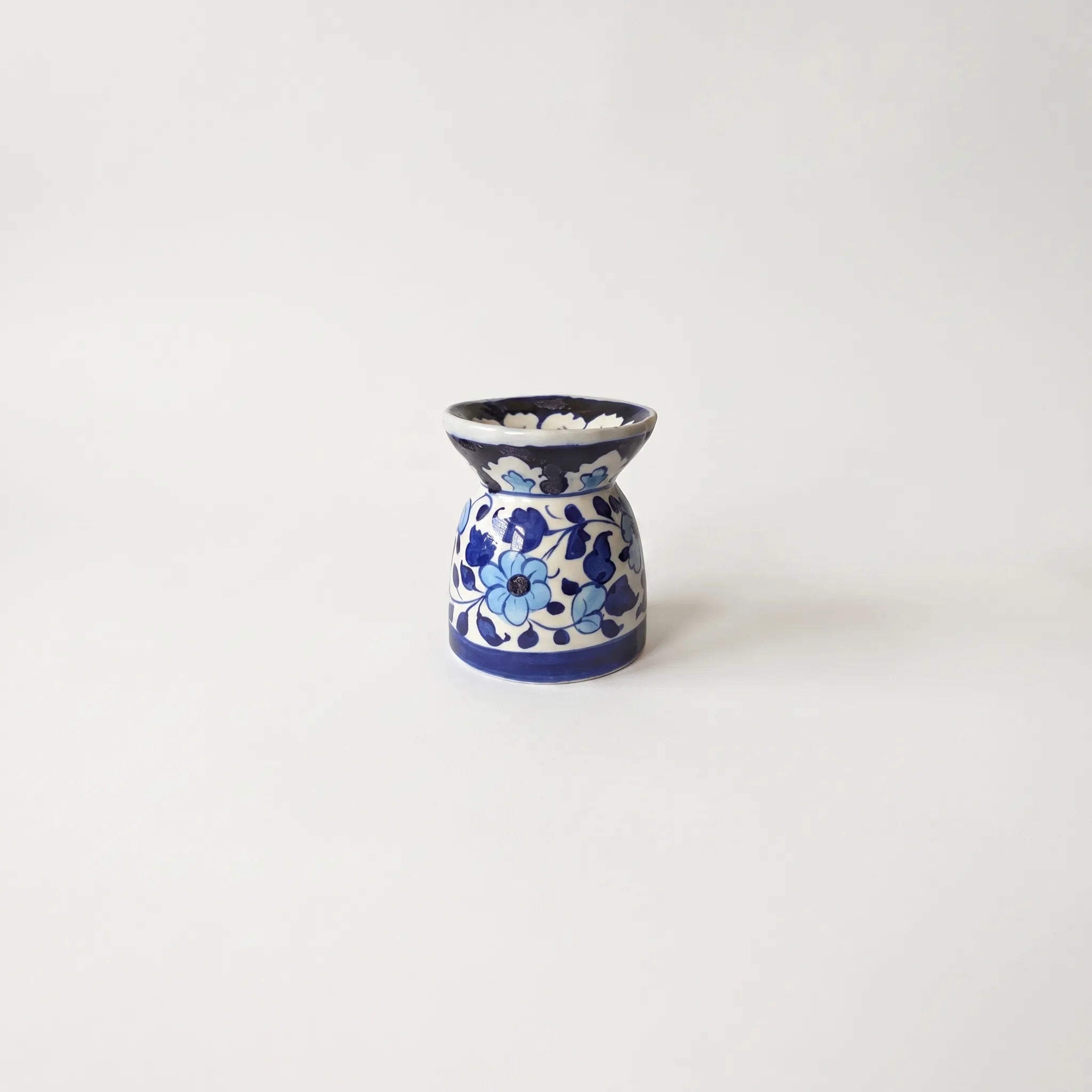 Blue Pottery Oil Burner & Mini Warmer – Hand-Painted Ceramic Tealight Diffuser (3” Floral Design)