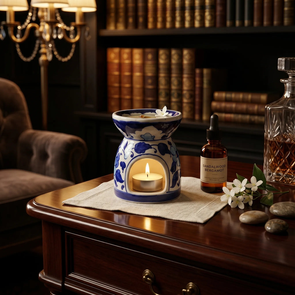 Blue Pottery Oil Burner & Mini Warmer – Hand-Painted Ceramic Tealight Diffuser (3” Floral Design)