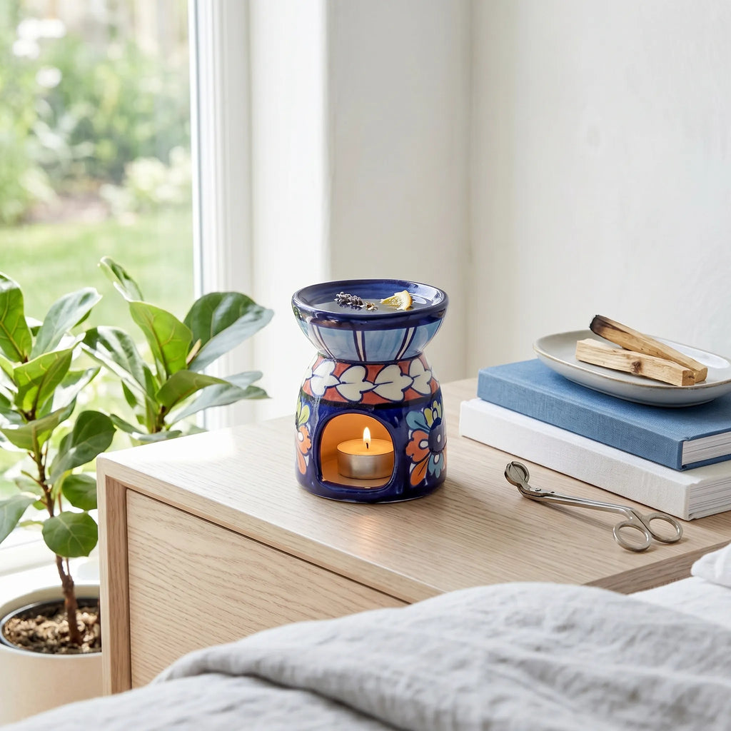 Blue Pottery Oil Burner & Mini Warmer – Hand-Painted Ceramic Tealight Diffuser (3” Floral Design) (Copy)