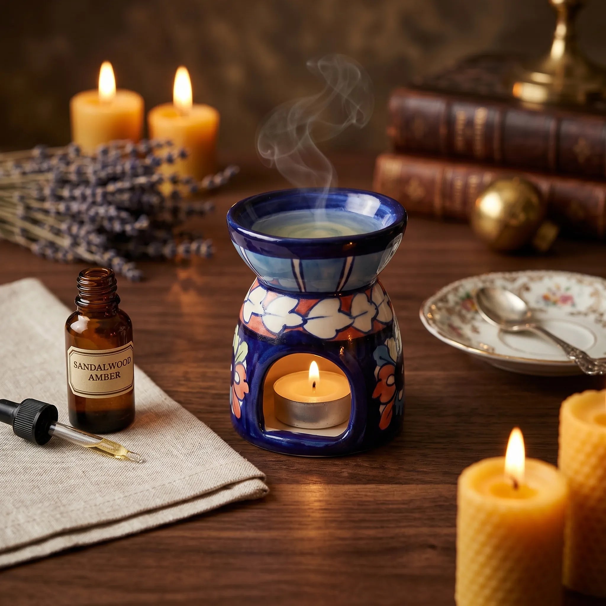 Blue Pottery Oil Burner & Mini Warmer – Hand-Painted Ceramic Tealight Diffuser (3” Floral Design) (Copy)