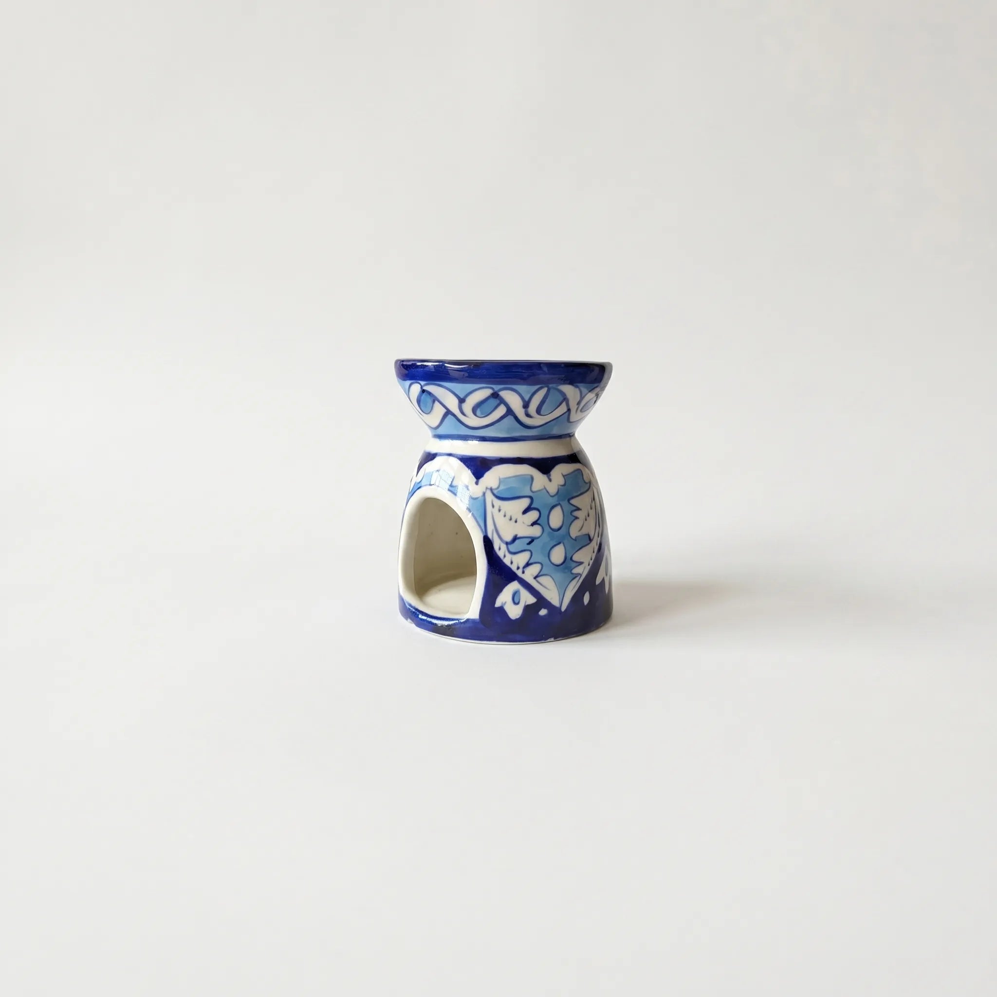 Blue Pottery Oil Burner & Mini Warmer – Hand-Painted Ceramic Tealight Diffuser (3” Leaf Motif Design)