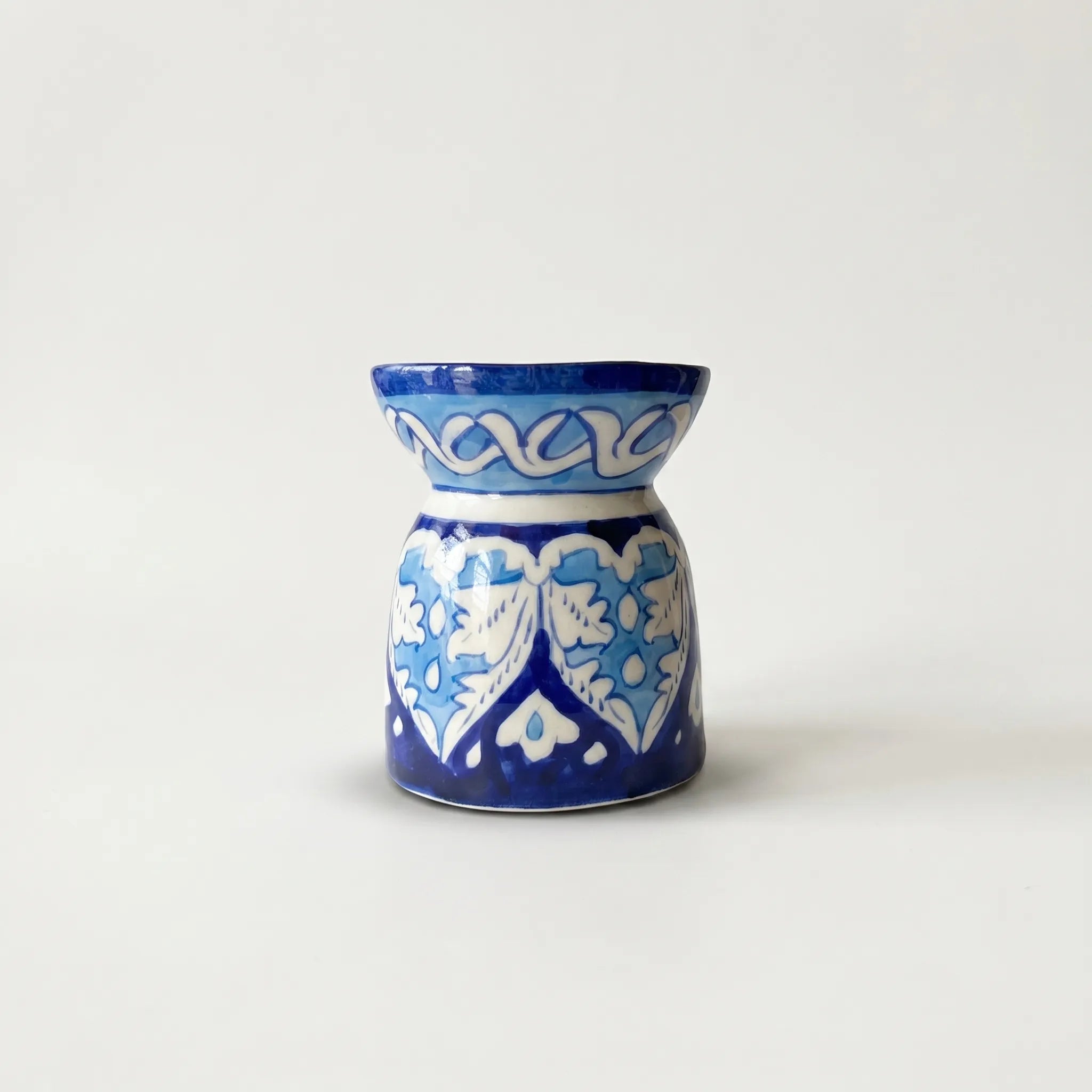 Blue Pottery Oil Burner & Mini Warmer – Hand-Painted Ceramic Tealight Diffuser (3” Leaf Motif Design)