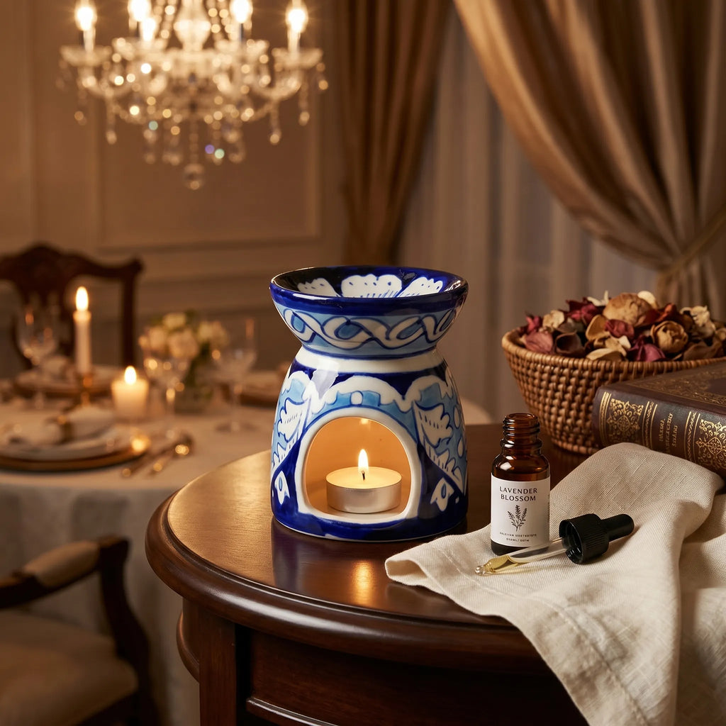 Blue Pottery Oil Burner & Mini Warmer – Hand-Painted Ceramic Tealight Diffuser (3” Leaf Motif Design)