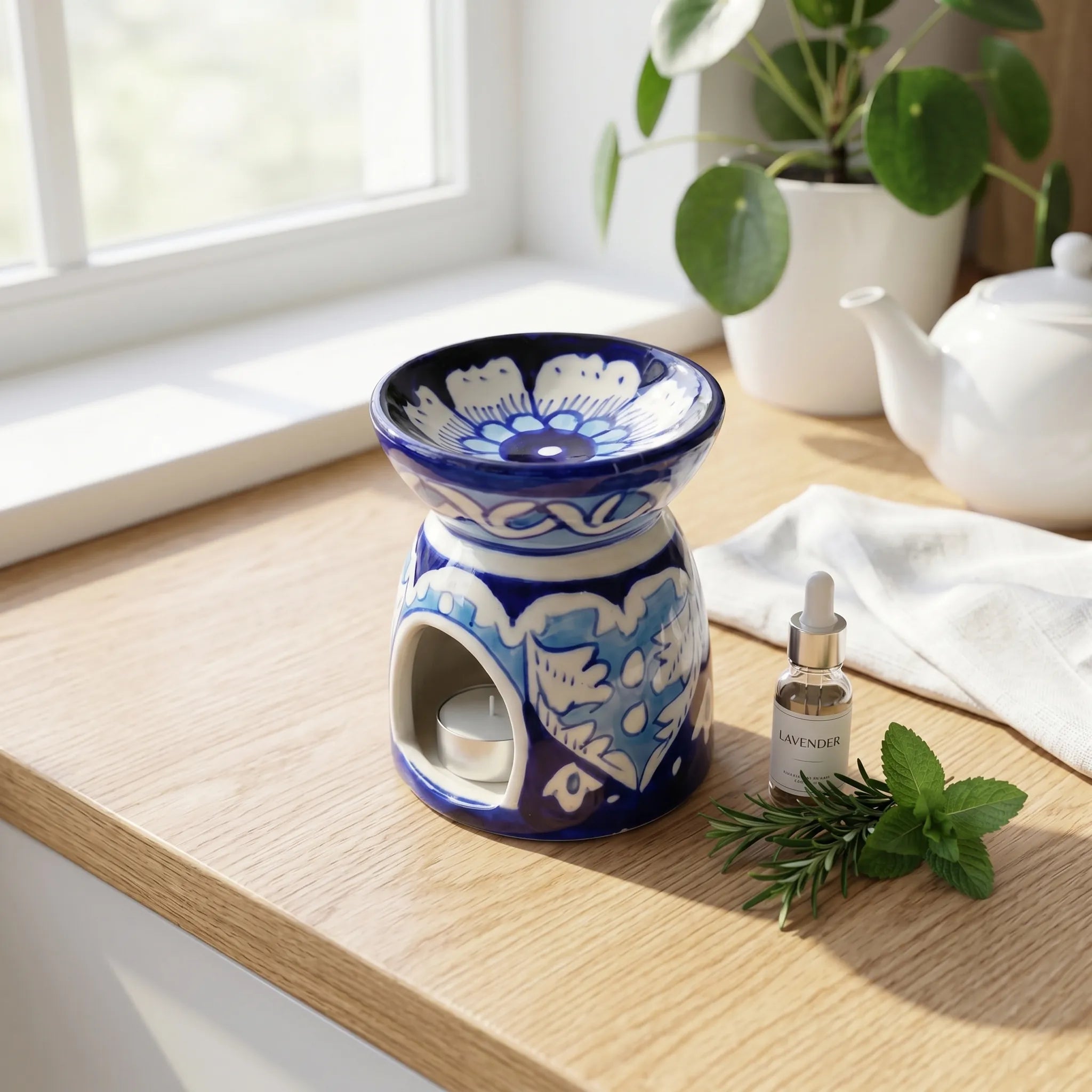 Blue Pottery Oil Burner & Mini Warmer – Hand-Painted Ceramic Tealight Diffuser (3” Leaf Motif Design)