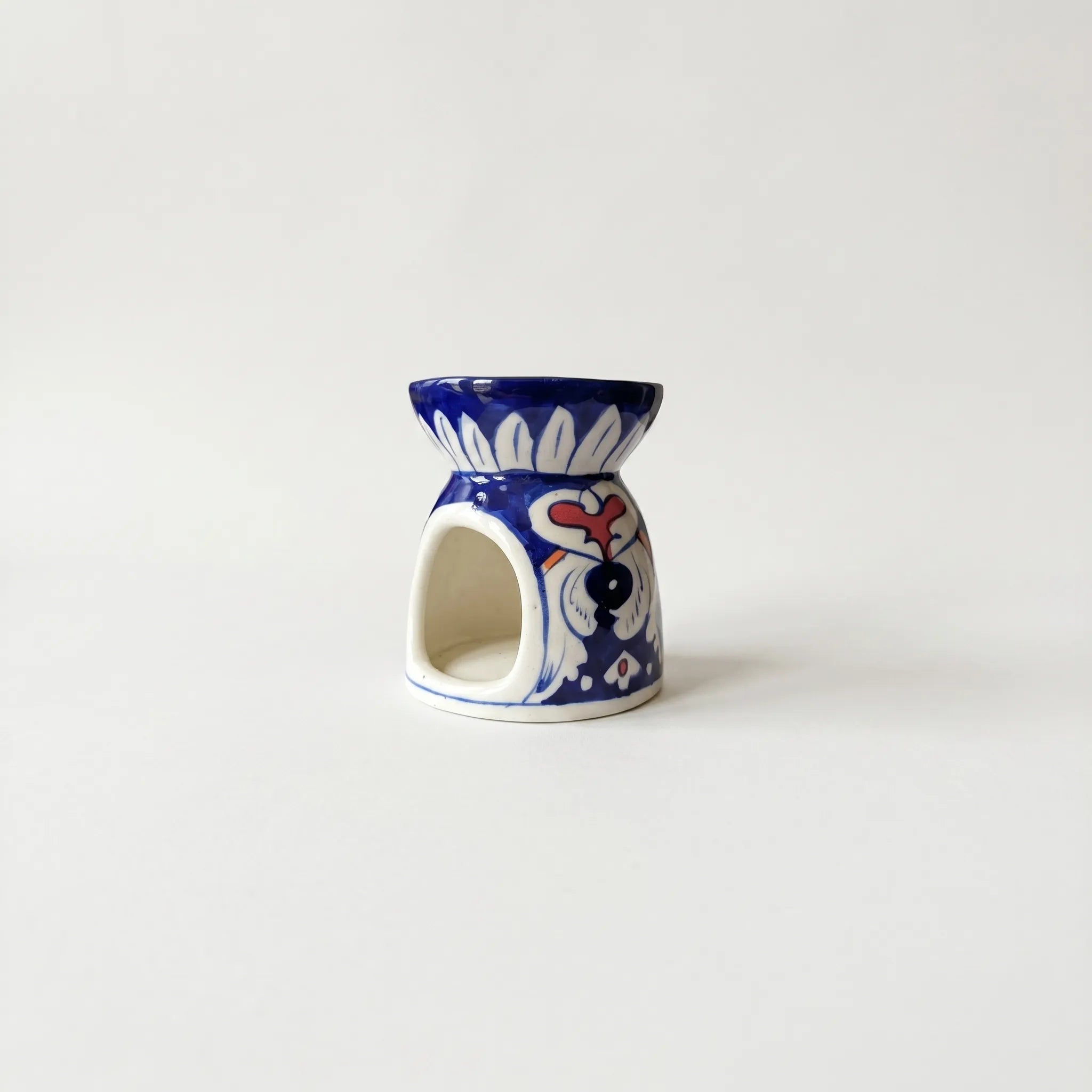 Blue Pottery Oil Burner & Mini Warmer – Hand-Painted Ceramic Tealight Diffuser (3” Floral Accent Design)