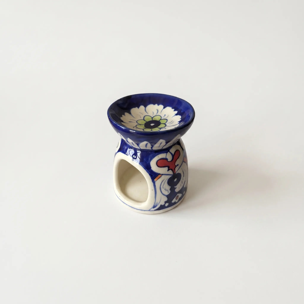 Blue Pottery Oil Burner & Mini Warmer – Hand-Painted Ceramic Tealight Diffuser (3” Floral Accent Design)