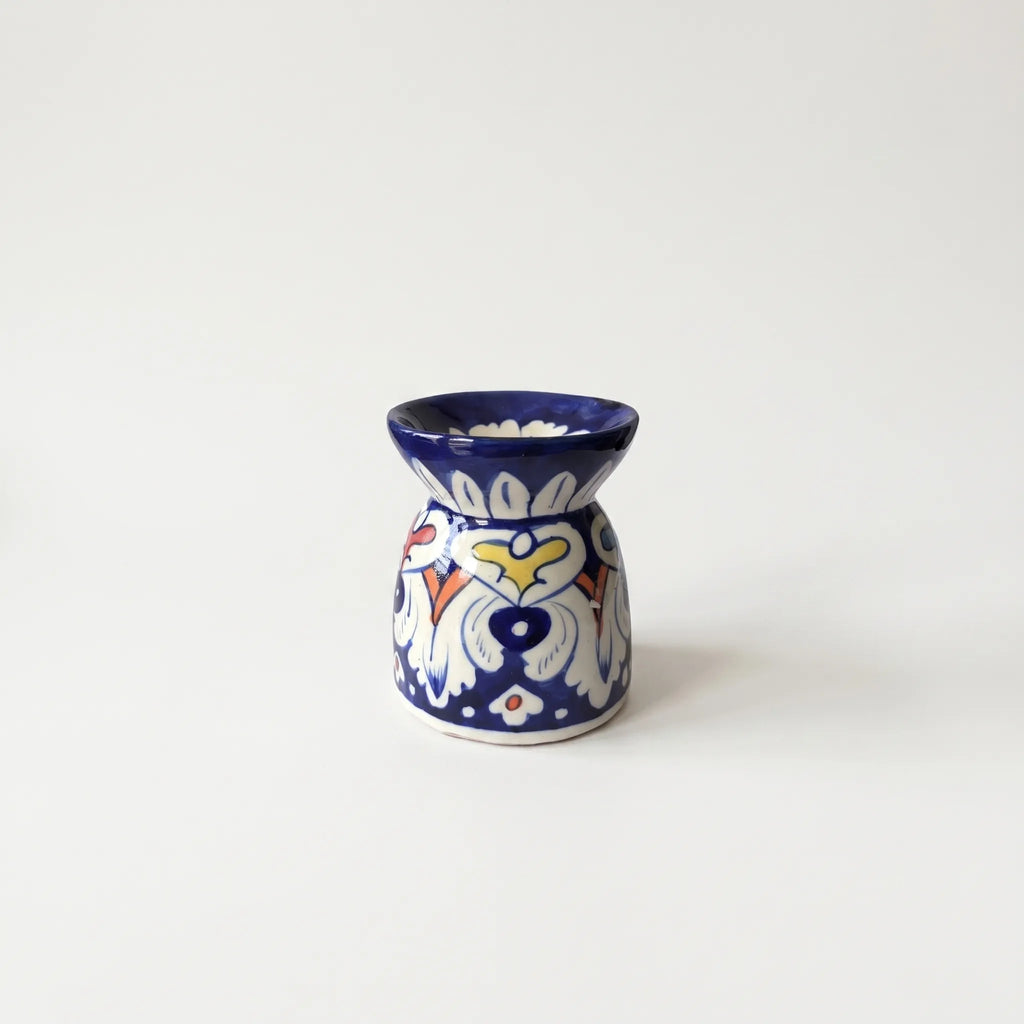 Blue Pottery Oil Burner & Mini Warmer – Hand-Painted Ceramic Tealight Diffuser (3” Floral Accent Design)
