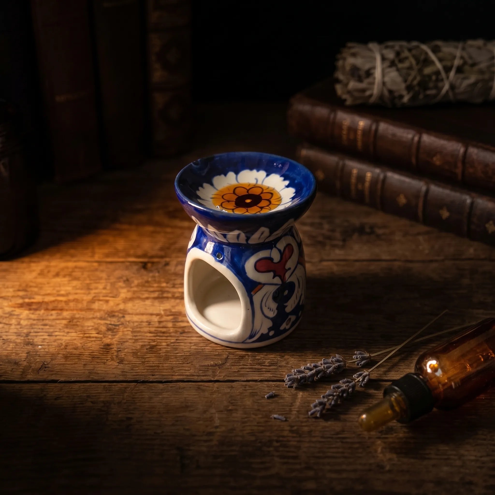 Blue Pottery Oil Burner & Mini Warmer – Hand-Painted Ceramic Tealight Diffuser (3” Floral Accent Design)