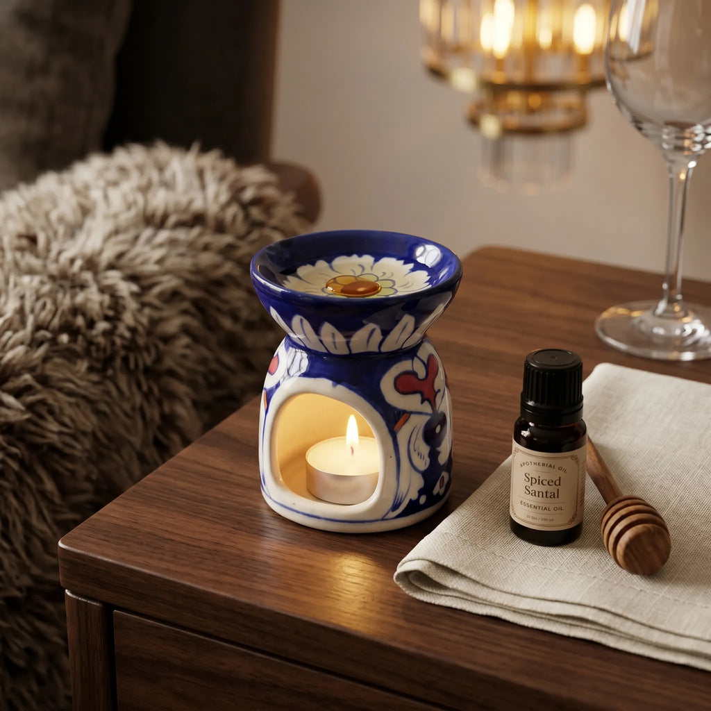 Blue Pottery Oil Burner & Mini Warmer – Hand-Painted Ceramic Tealight Diffuser (3” Floral Accent Design)