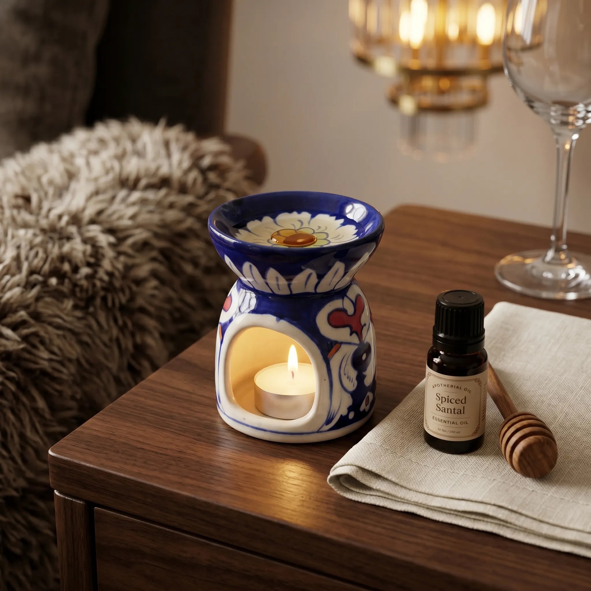 Blue Pottery Oil Burner & Mini Warmer – Hand-Painted Ceramic Tealight Diffuser (3” Floral Accent Design)