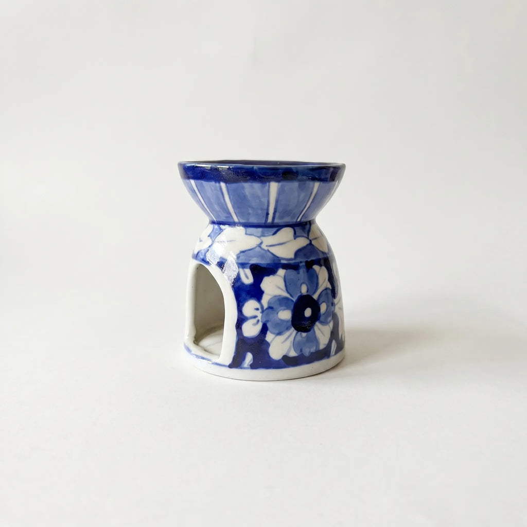 Blue Pottery Oil Burner & Mini Warmer – Hand-Painted Ceramic Tealight Diffuser (3” Soft Floral Design)