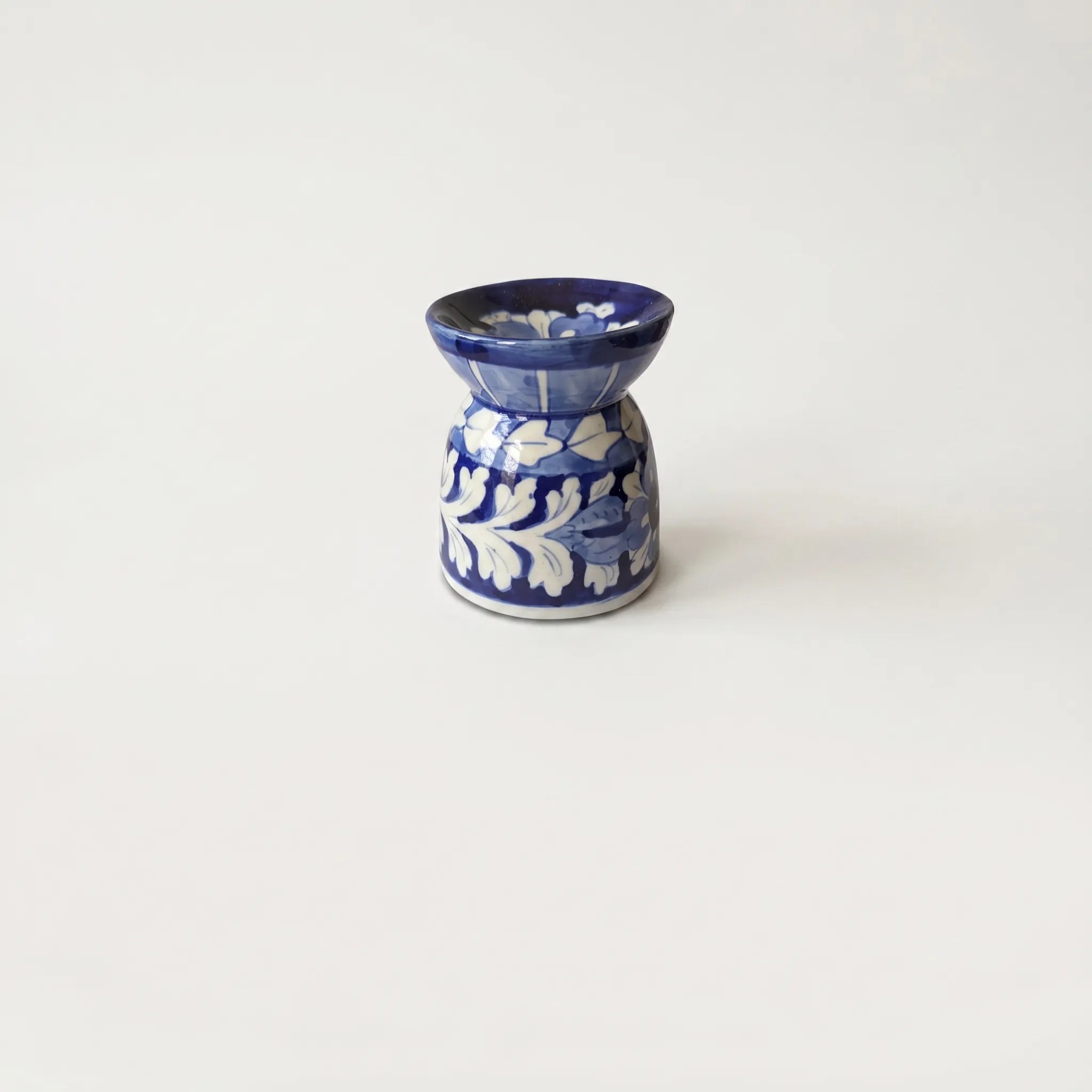 Blue Pottery Oil Burner & Mini Warmer – Hand-Painted Ceramic Tealight Diffuser (3” Soft Floral Design)