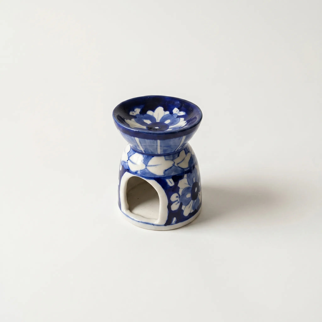 Blue Pottery Oil Burner & Mini Warmer – Hand-Painted Ceramic Tealight Diffuser (3” Soft Floral Design)