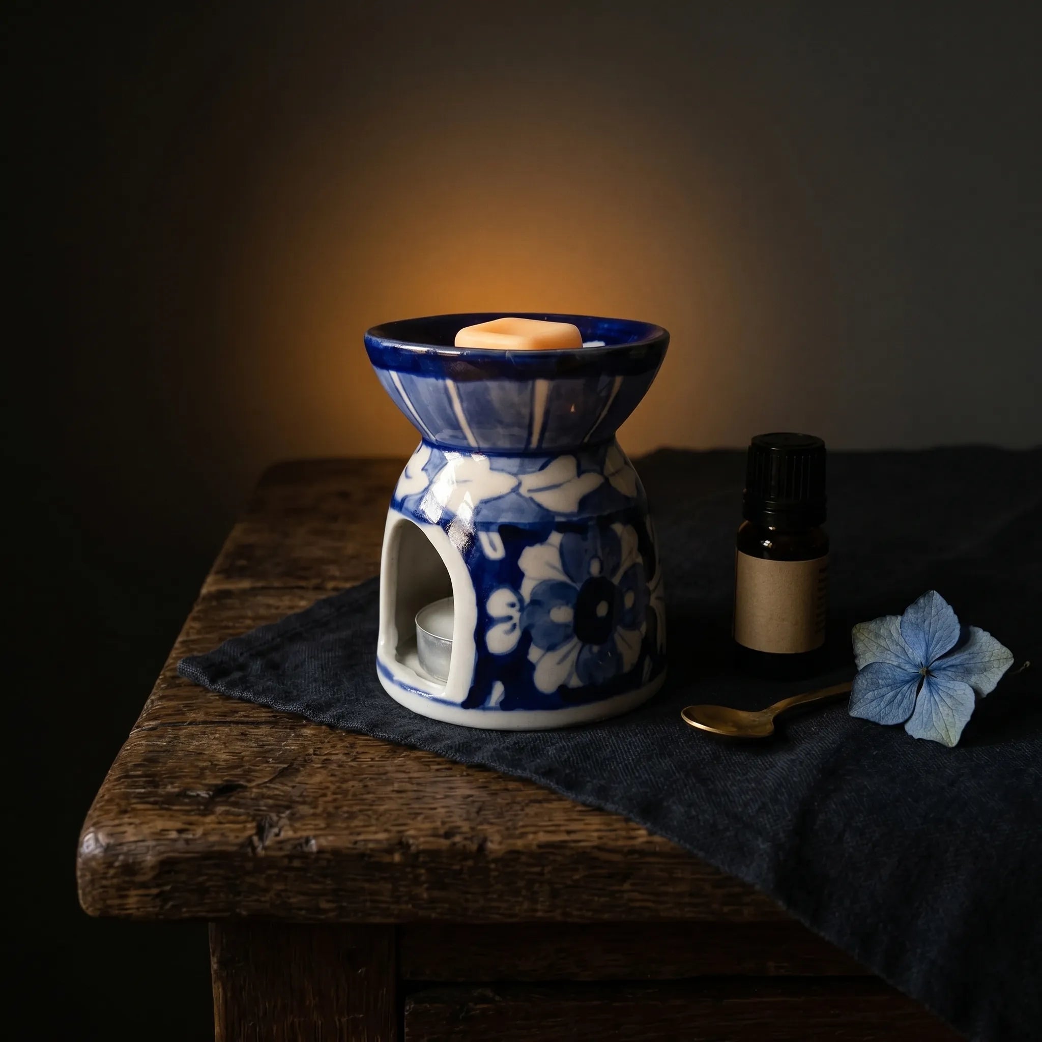 Blue Pottery Oil Burner & Mini Warmer – Hand-Painted Ceramic Tealight Diffuser (3” Soft Floral Design)