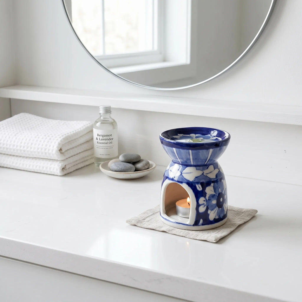 Blue Pottery Oil Burner & Mini Warmer – Hand-Painted Ceramic Tealight Diffuser (3” Soft Floral Design)