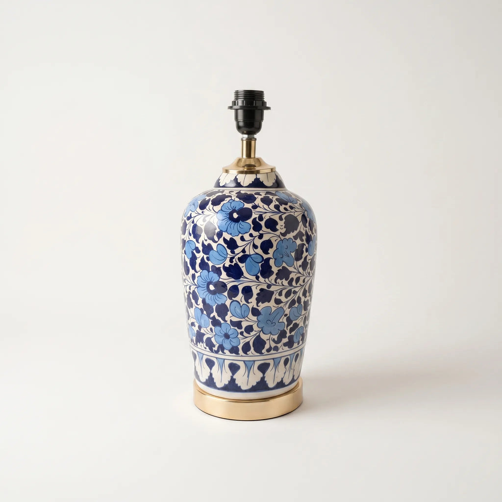 Blue Pottery Table Lamp Base – 16” Hand-Painted Ceramic Lamp (Floral Multani Design)