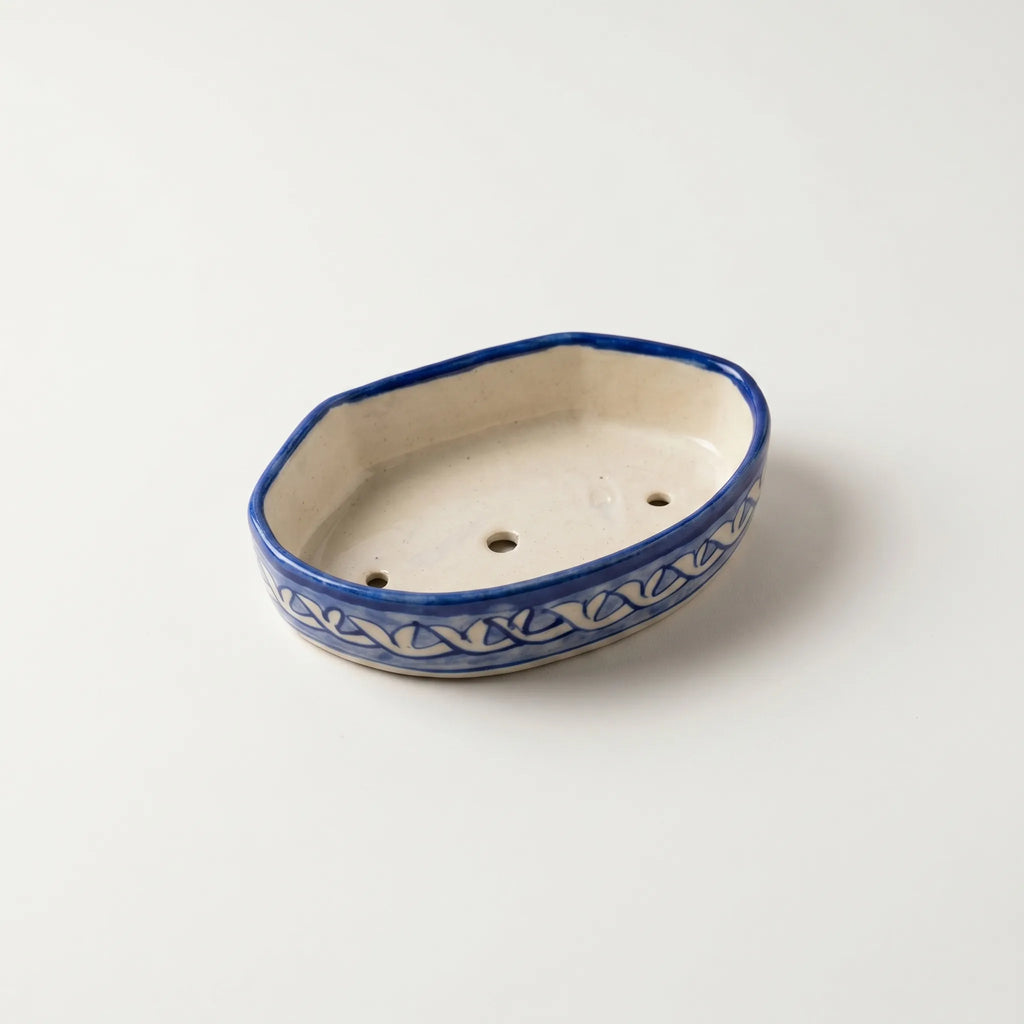 Handmade Blue Pottery Soap Dish Light Blue Chain design - 6x3.5 Inch