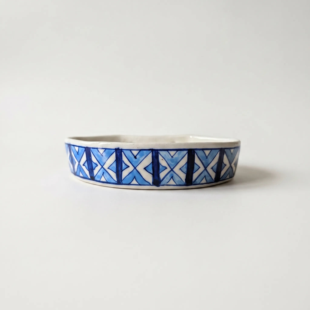 Multani Blue Pottery Soap Tray Geometrical Design– 6x3.5 Inch Ceramic Soap Holder with Drainage Holes