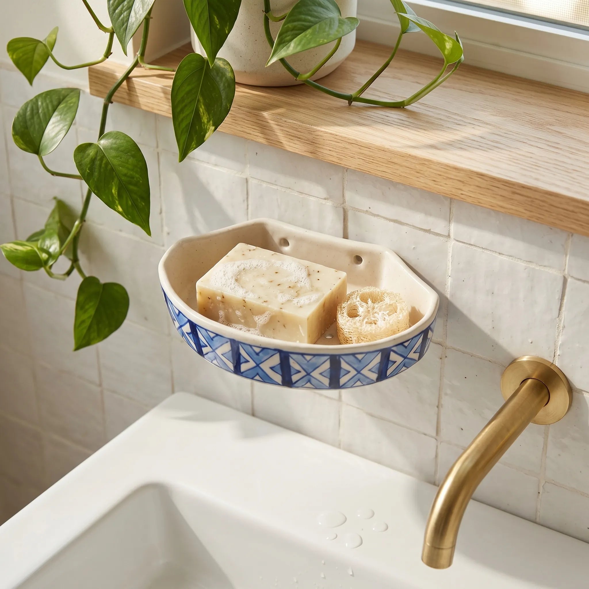 Multani Blue Pottery Soap Tray Geometrical Design– 6x3.5 Inch Ceramic Soap Holder with Drainage Holes