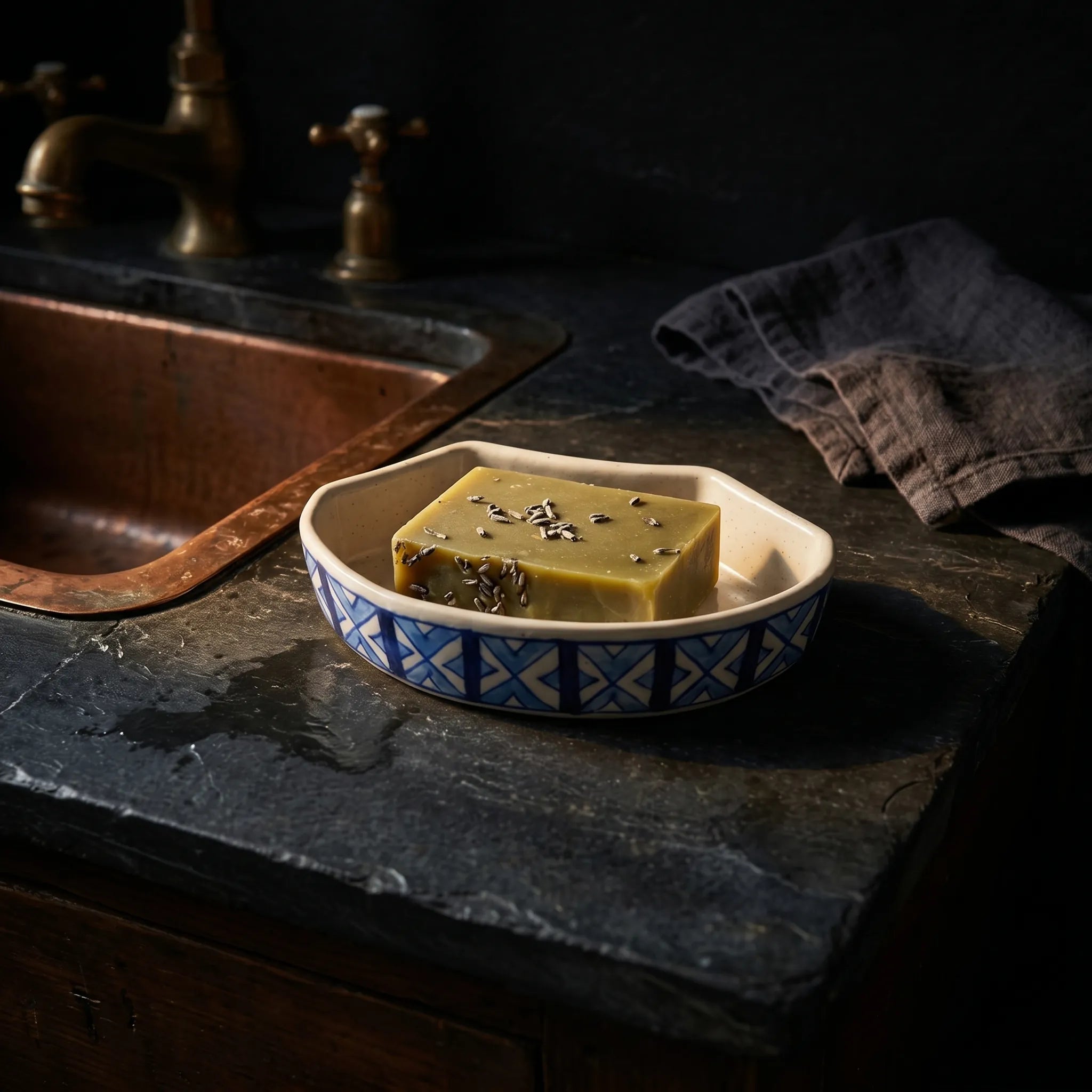 Multani Blue Pottery Soap Tray Geometrical Design– 6x3.5 Inch Ceramic Soap Holder with Drainage Holes