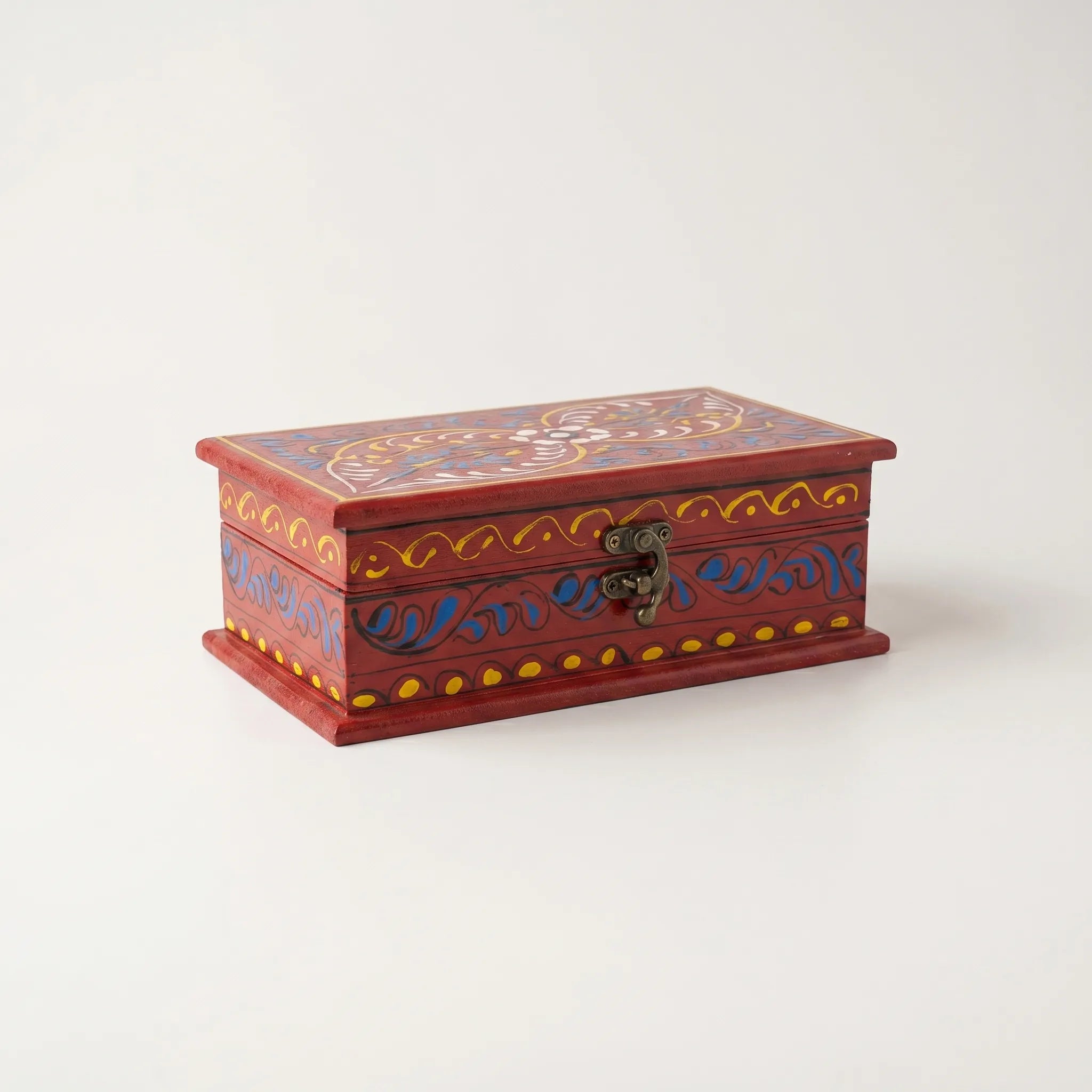 Red Swati Wooden Jewelry Box – 8x6” Hand-Painted Keepsake Box