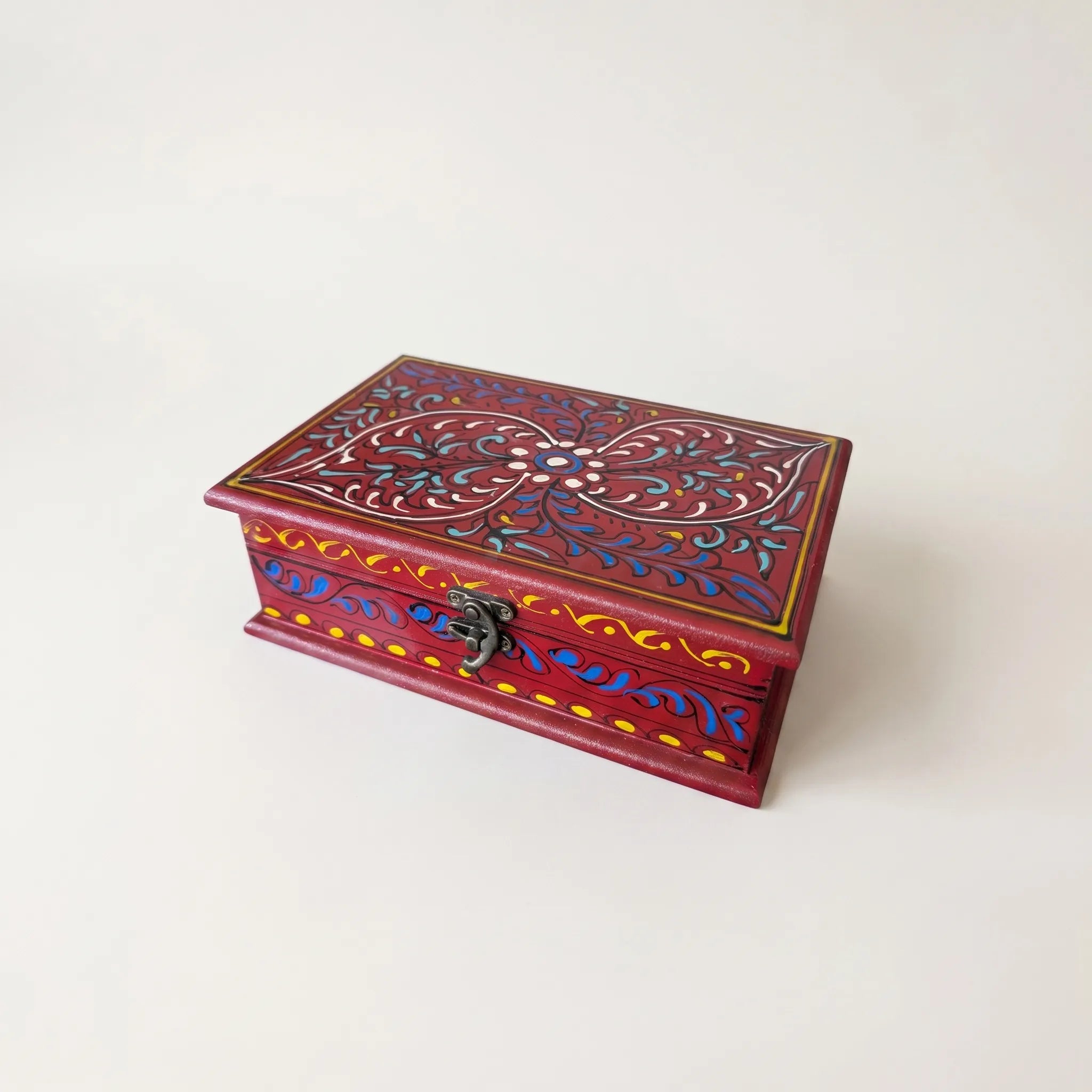 Red Swati Wooden Jewelry Box – 8x6” Hand-Painted Keepsake Box