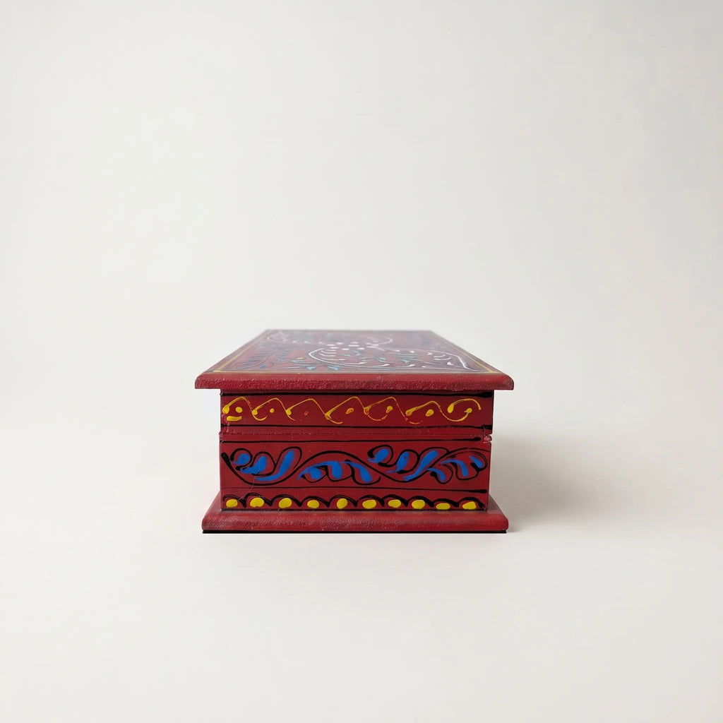 Red Swati Wooden Jewelry Box – 8x6” Hand-Painted Keepsake Box